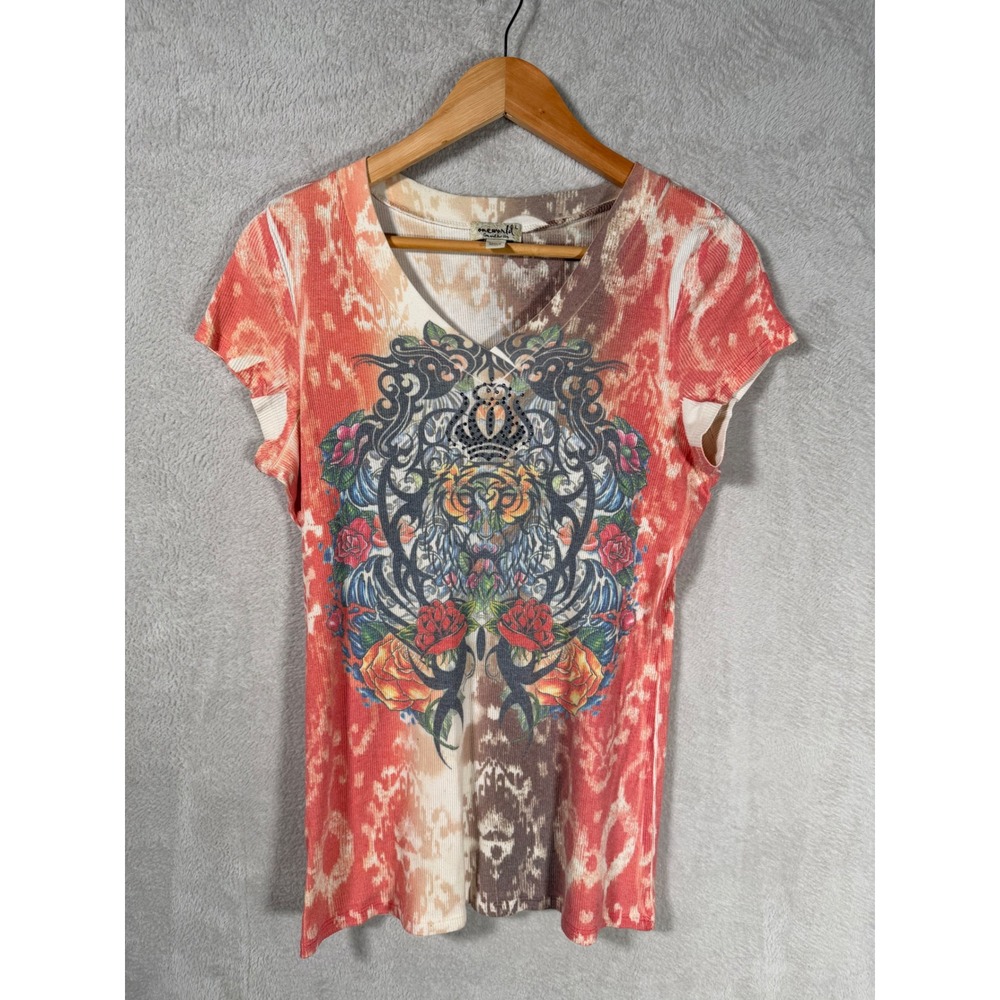 One World Womens V-Neck Graphic Tee Tiger Floral Rhinestone Coral Brown Large